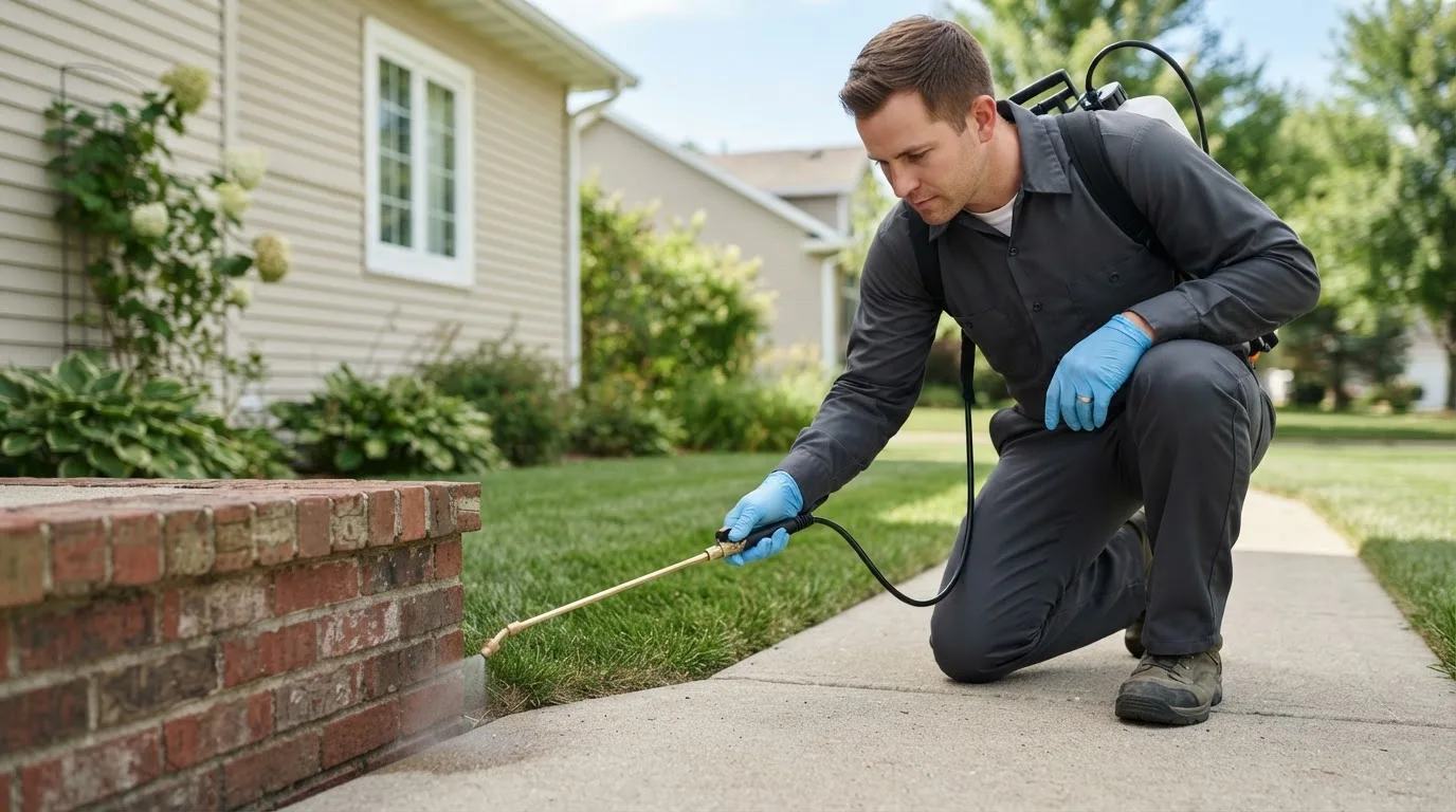 Pest control technician treating a home near Grimsley, TN